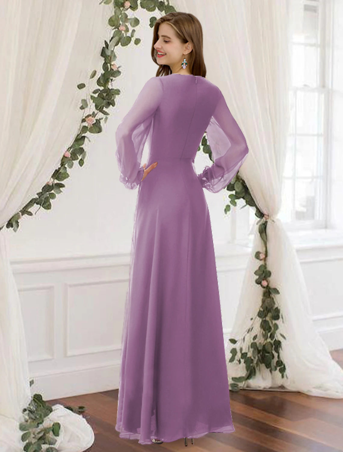 Wholesale  A-Line Prom Dresses Empire Dress Wedding Guest Prom Ankle Length Long Sleeve V Neck Chiffon with Pleats